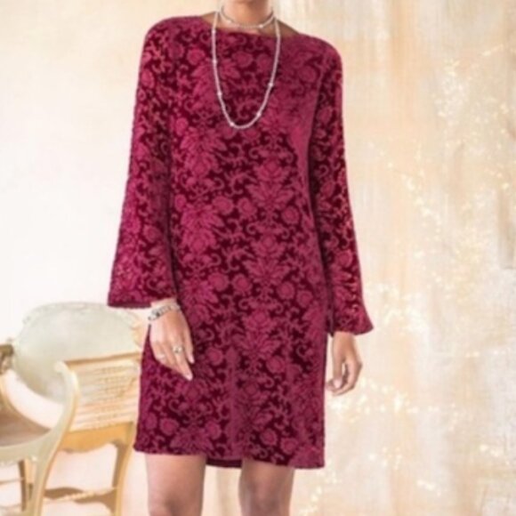 Sundance Burnout Velvet Renaissance Red Floral Long Sleeve Silk Dress, size M - Picture 1 of 7